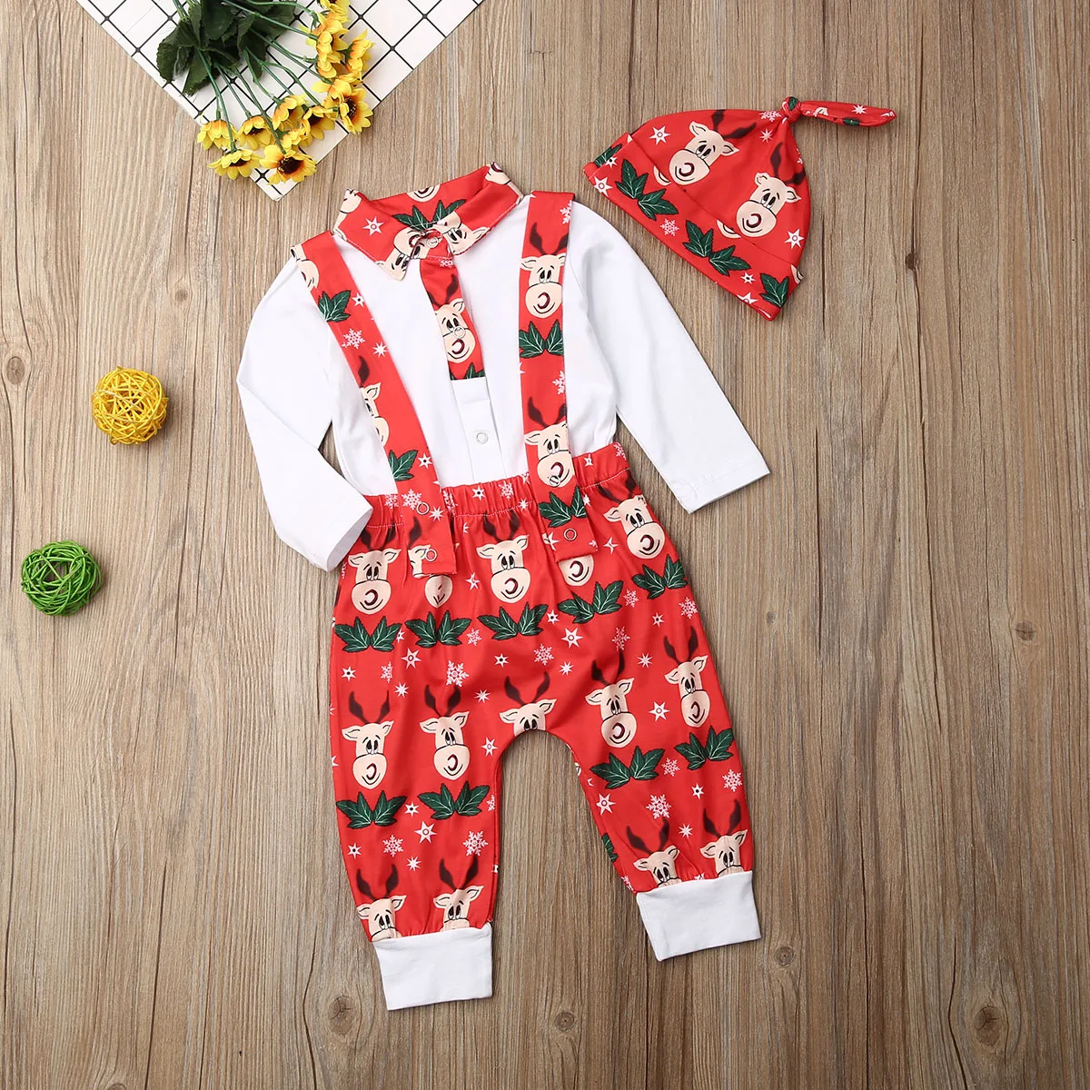 Infant Baby Boys Girl Christmas Outfits Romper Tops Suspender Pants Elk Xmas Set