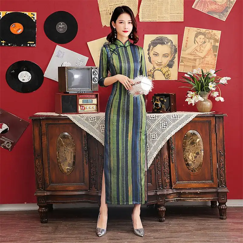 Винтажный китайский воротник Qipao женское с новогодней елкой, бумажный платье кружевной отделки с принтом атласное платье M-4XL