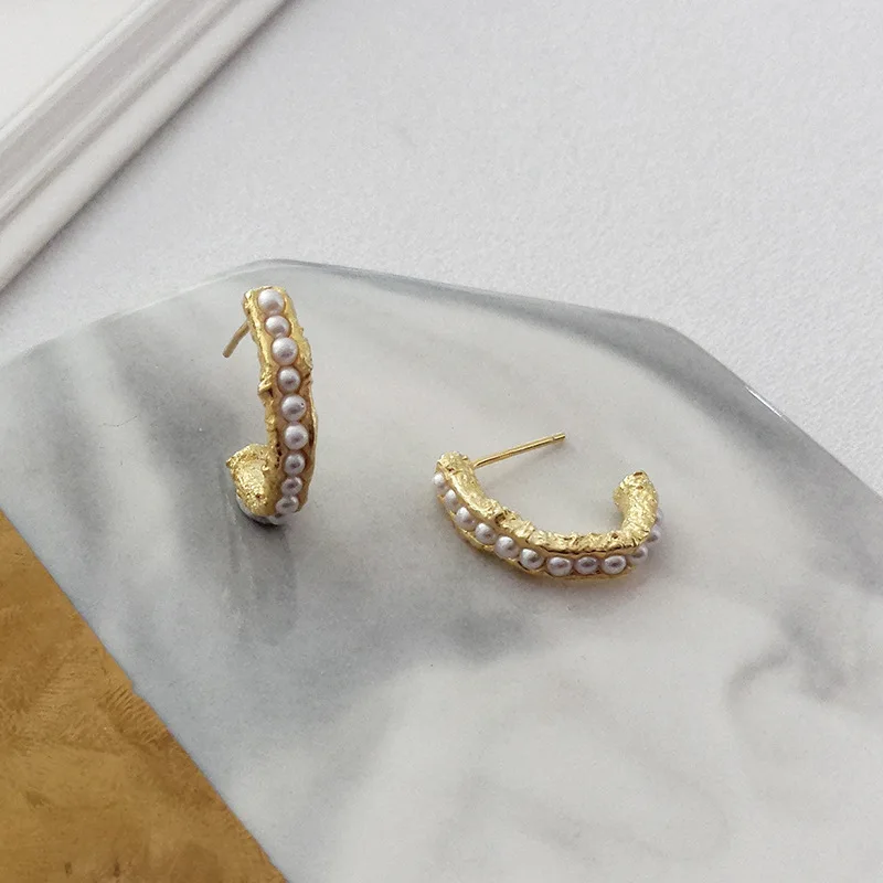 

Korean BohoBrincos 925 Sterling Silver Gold Pearl Irregular Stud Earings Para As Mulheres Women Fine Accessories Jewellery