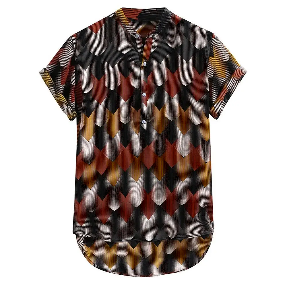 

New Arrivals Slim Fit Male Shirt Mens Funny Ethnic Printed Stand Collar Short Sleeve Loose Henley Shirts M-3XL high quality