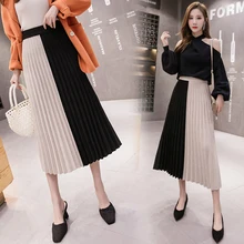 Зимняя женская юбка, Вязанная, высокая талия, плиссированная, длинная, шерсть, в виде слова, юбки, серые, черные, рисовые, белые, 999