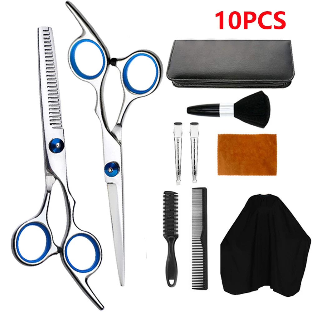 Juego de tijeras de corte de pelo profesionales, 10 Uds., corte de pelo, cuchillas de dientes planas, tijera de peluquería y barbería