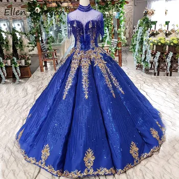 

Luxury Glitter Backless Prom Dresses Long 2020 Vintage High Neck Beads Gold Applique Floor Length Girls Pageant Dress Ball Gowns