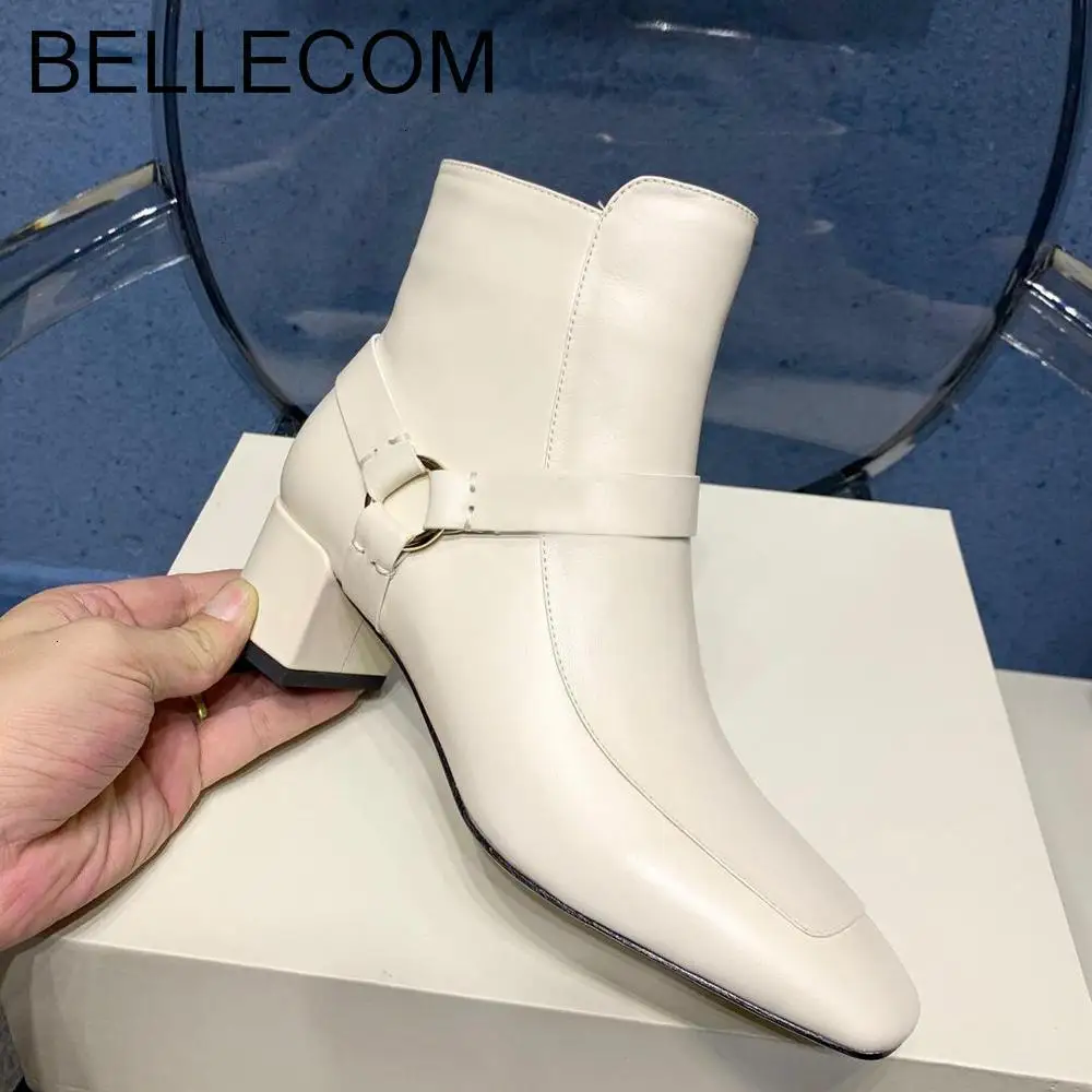 

2019 BELLECOM Autumn New Female Sense Leather Shoes with Rough Heels and Square Heads British Wind Martin winter Boots women