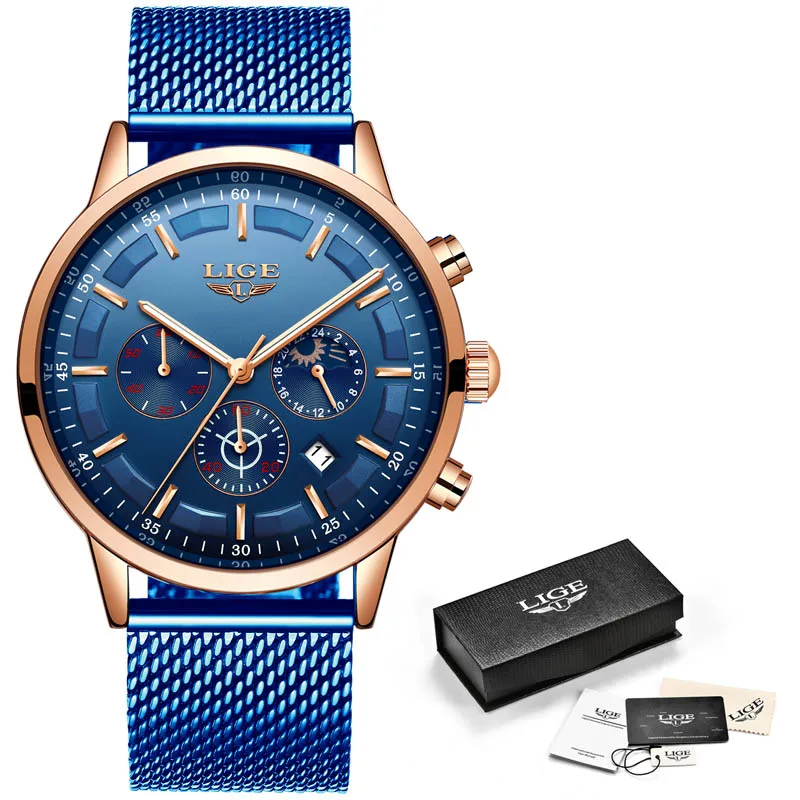 Relogio Masculino LIGE мужские часы Топ люксовый бренд полная сталь водонепроницаемые спортивные кварцевые часы мужские модные часы с хронографом - Цвет: Blue rose blue