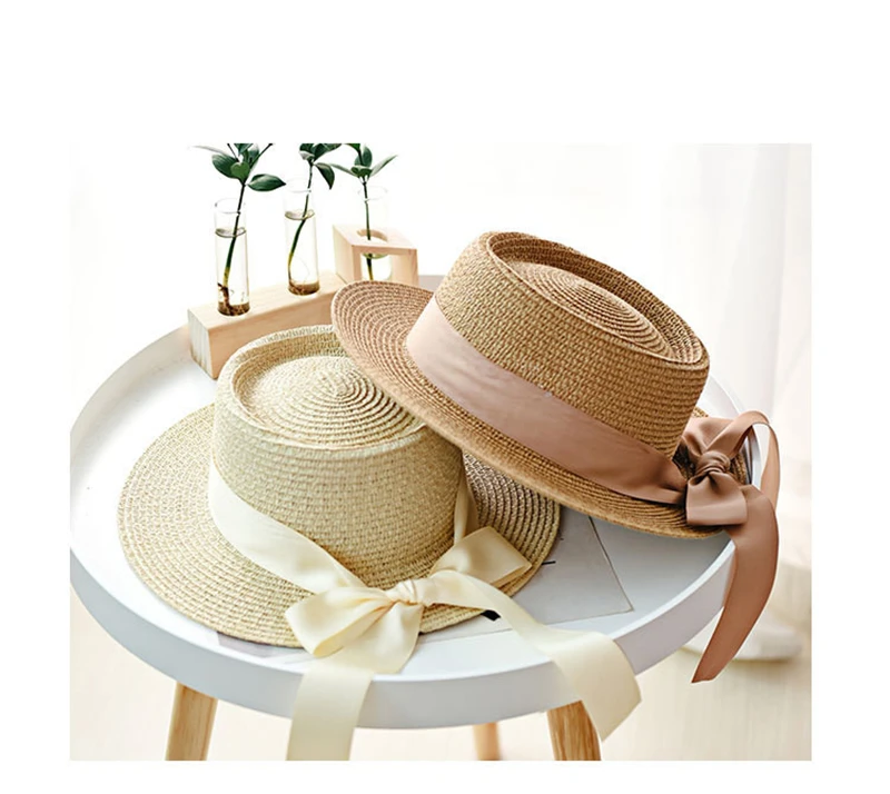 Women Sun Hats UV Protective Outdoor Beach Ribbon Bowknot Fashion Straw Hat Female Luxury Brand 2020 Weave Round Top Women's Hat
