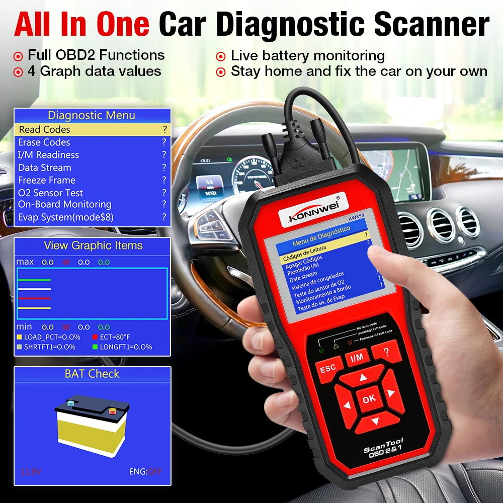  Valise Diagnostic Auto, Lecteur de Code de Défaut D'outil de  Scanner de Diagnostic de Voiture Universel KW850 OBDII OBD2 EOBD avec Un  Clic