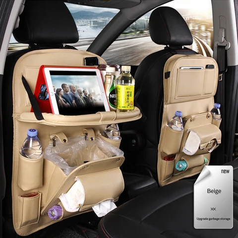 Leather Car Seat Back Organizer Tray Travel Car Storage Organizer Pad Bag With Foldable Table Car Trash Can Auto Accessories