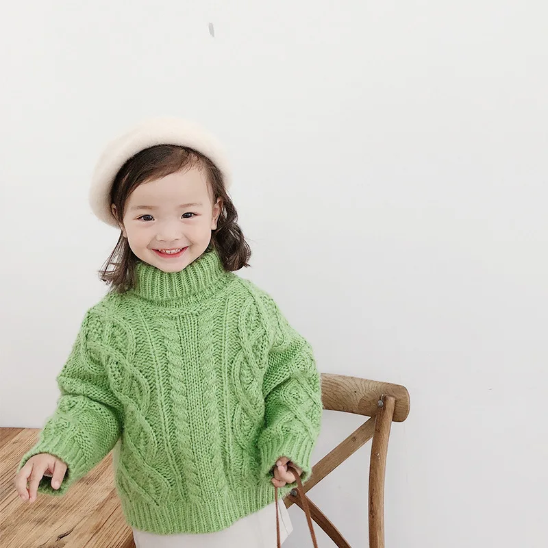 Winter fashion girls high collar Twisted loose sweaters kids fashion casual solid color knitted pullovers - Цвет: green