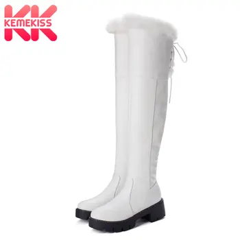 

KemeKiss Warm Fur 2020 Shoes Women Over The Knee High Boots Fashion Solid Color Round Toe Lace Platform Footwear Size 33-43