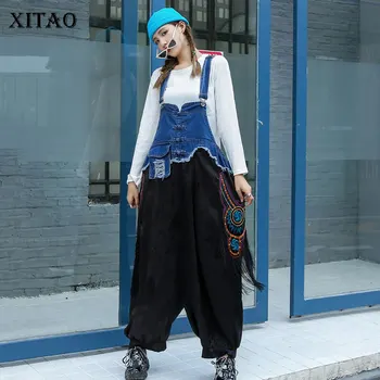 

XITAO Embroidery Jumpsuits Fashion New Women 2020 Autumn Strapless Patchwork Elegant Vintage Loose Full Length Pants ZP3338