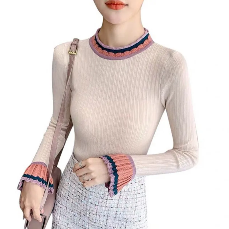 Womens Sweaters Autumn and Winter Fashion Women's Sweater High Elastic O Neck Sweater Female Patchwork Long Sleeve Pullover Tops