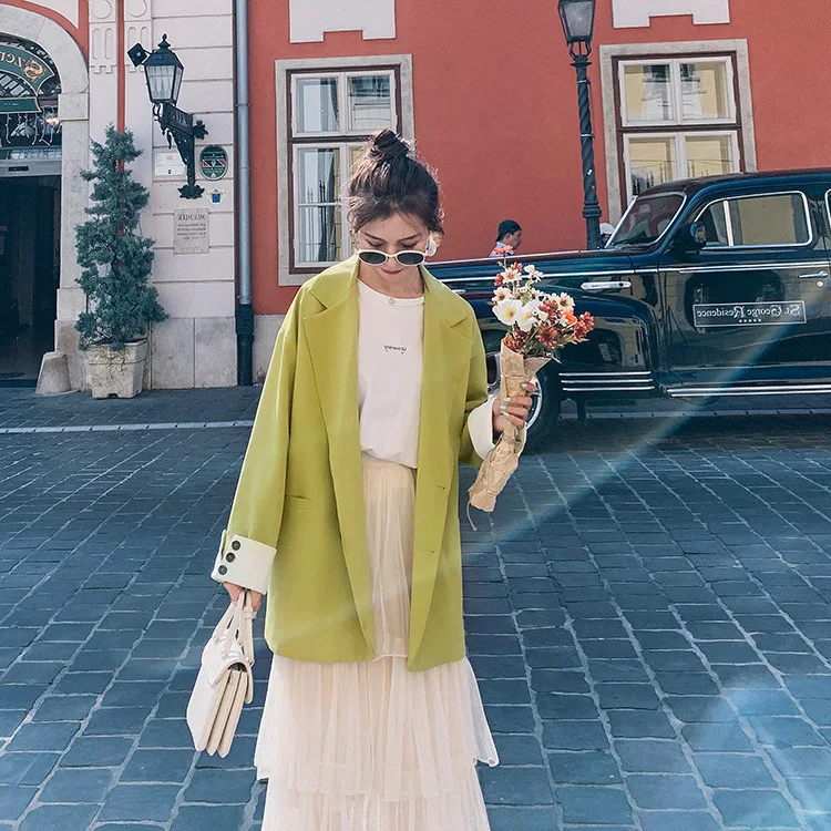 

Photo Shoot Main Push Avocado Green Suit Jacket Short 2019 New Style Korean-style Loose-Fit England Ventilation Network Red Suit