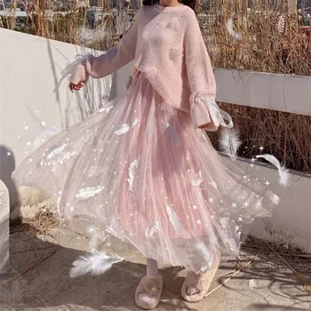 

Women Spring Tulle Skirts High Waist Feathers Beading Embroidery Mesh Midi Skirt Pleated Skirts Femme Faldas Largas Mujer Moda