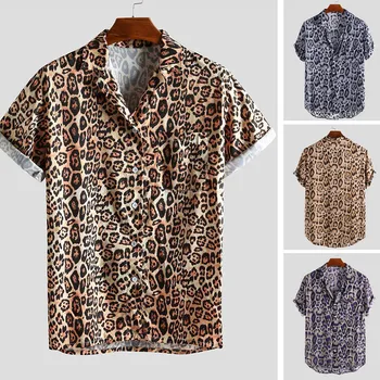 

Sexy Leopard Shirt Men 2020 Summer Chest Pocket Turn Down Collar Beach Shirts Loose Short-sleeve Shirt Holidays Male Top Blouse