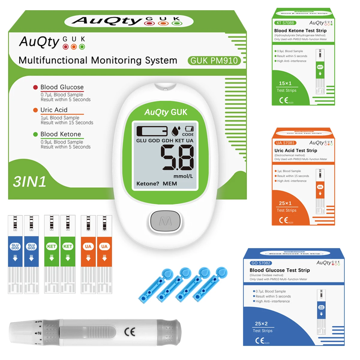 Blood Glucose Monitor Blood Glucose Strips Blood Test Meter Blood Ketone Meter Blood Test Strips Medical Blood Test Kit Uric Acid Test Strips GUK Multi Function Blood Ketone Blood Glucose Uric Acid Meter Gout Diabetes Tester Ketogenic Sugar Monitor And Test Strip