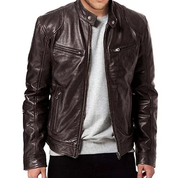 

New Fashion Men's PU Leather Jacket Back Brown Men Stand-Up Collar Faux Leather Motorcycle Jackets 2020 Autumn Winter Coats