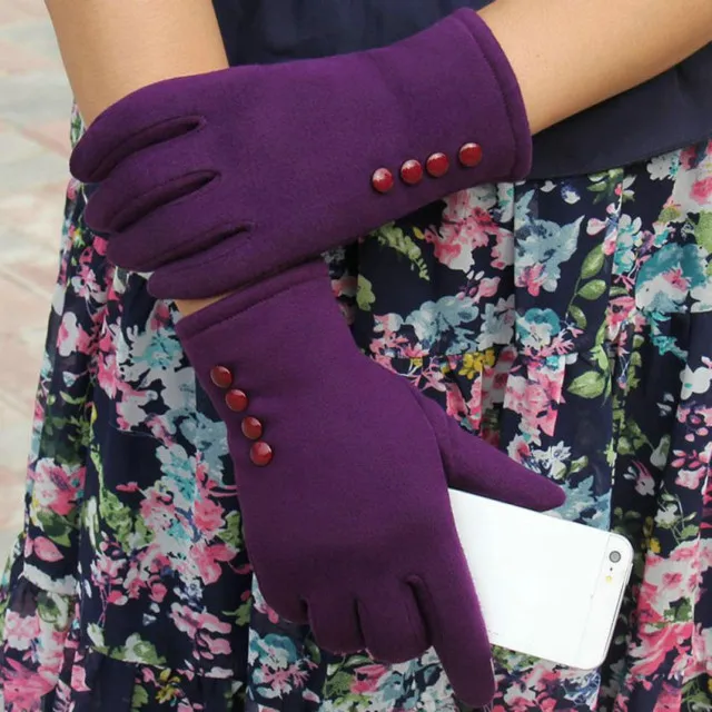 Новые зимние женские кружевные перчатки, теплые кашемировые варежки с тремя ребрами и кнопками, двойные толстые плюшевые Наручные сенсорный экран для женщин, перчатки для вождения