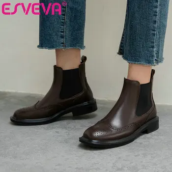 

ESVEVA 2021 Square Low Heel PU+Leather Women Shoes Round Toe Ankle Boots Slip On Fashion Ladies Big Size 34-39