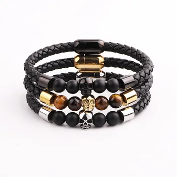 High Quality Men Bracelet New Design Natural Stone Stainless Steel Skull Charm Genuine Leather Bracelet Male