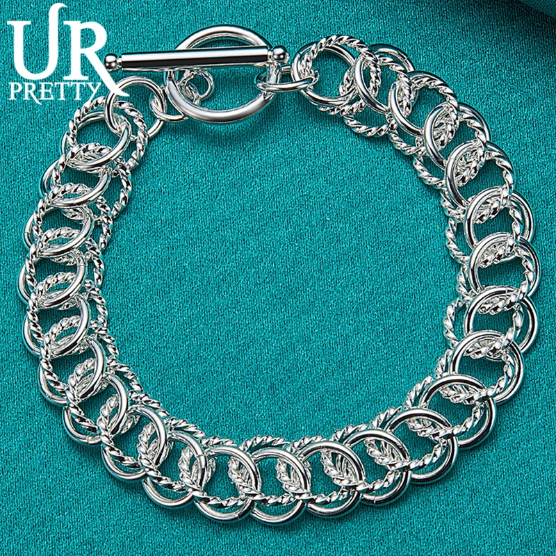 

URPRETTY 925 Sterling Silver Smooth Twist Multi-Ring Chain Bracelet For Man Women Wedding Engagement Party Jewelry