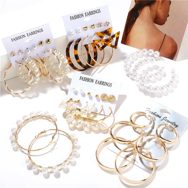

Fashion Irregular Pearl Circle Earrings Round Ball Knot Heart Geometric Small Earrings Set Gold Color Tortoise Acrylic Earrings
