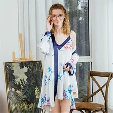 Сексуальное кимоно с v-образным вырезом и поясом, халат, платье, Повседневная атласная Ночная одежда, пижама, новинка, костюм-двойка с цветочным принтом, ночная рубашка