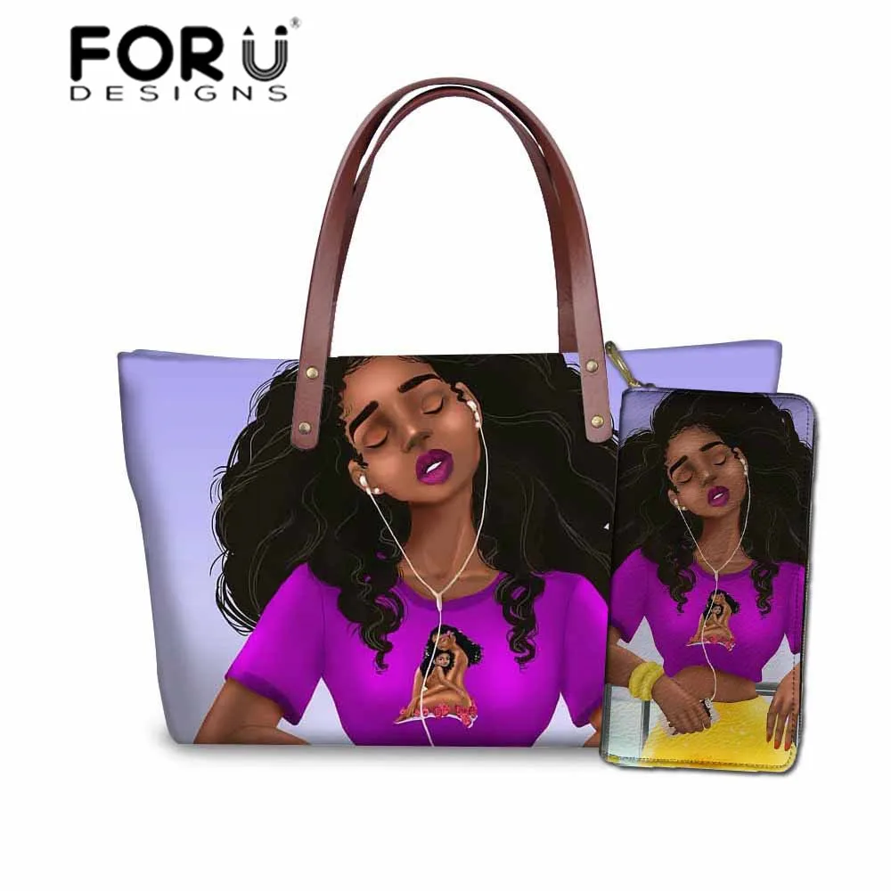 FORUDESIGNS/женские сумки для пляжа, черные, художественные, африканские, для девочек, с принтом, 2 шт., сумочки, набор, Дамский Роскошный кошелек и сумочка, Bolsa Feminina