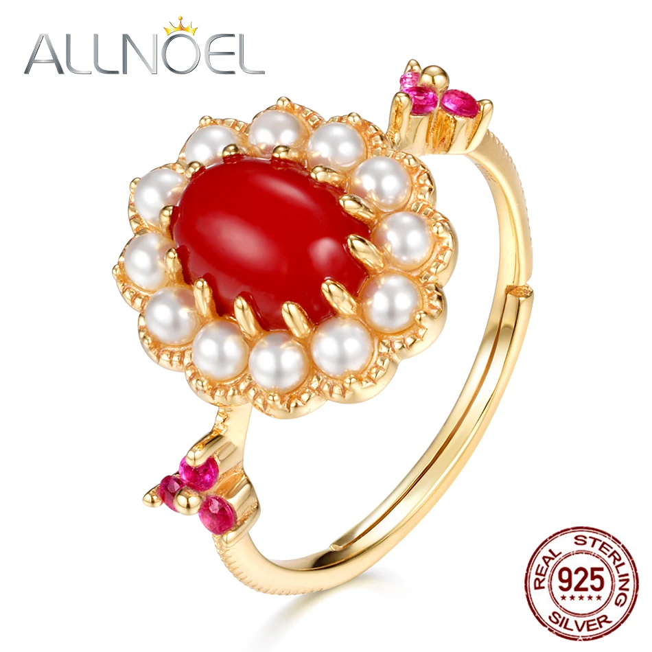 ALLNOEL, Винтажный дизайн, кораллово- красное кольцо, 925 пробы, серебряные кольца для женщин, настоящая Золотая раковина, жемчуг, настоящее свадебное ювелирное изделие