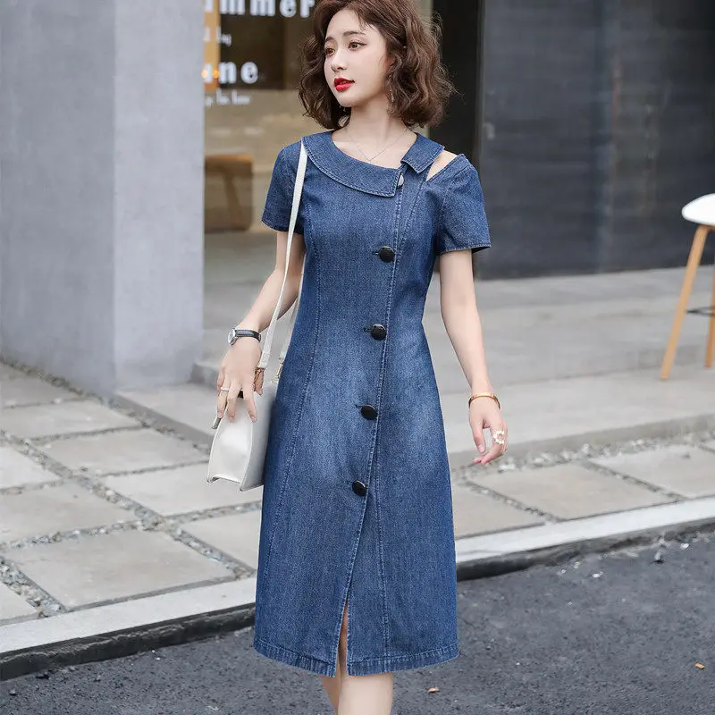 Korean Denim Dress Female 2020 New Slim High Waist Summer Short sleeved ...