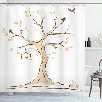 

Tree of Life Shower Curtain Mature Apple Tree with Fying Birds and The Nest Fruit Family Nature Food Image Bathroom Decor Set