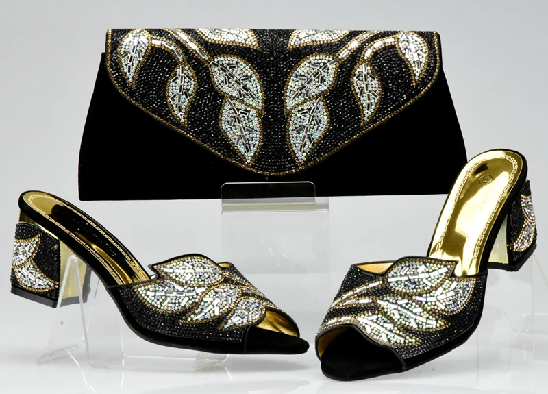 

New Arrival Black Color Italian Ladies Shoes and Bags To Match Set Decorated with Rhinestone African Wedding Shoes and Bag Set