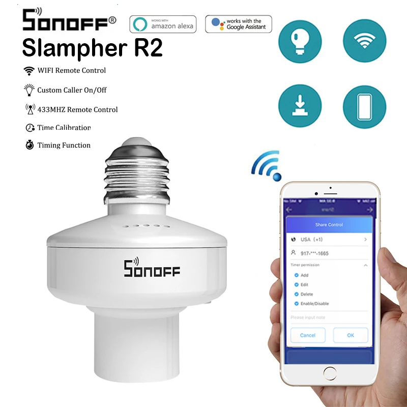 

Sonoff Slampher R2 E27 Smart Home WiFi Light Lamp Bulbs Holder RF 433MHz Wireless Control Light Switch With Google Home Alexa