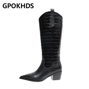 

GPOKHDS 2021 women Knee-High boots Cow leather winter short plush Pointed Toe Checkered High heels female Western boots size 40
