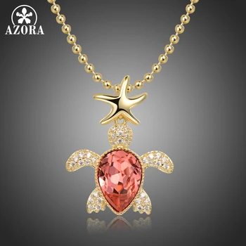 

AZORA Fashion Tortoise Pendant Necklace Pink Crystal from Austrian Women Best Gift Starfish Necklace Jewelry Accessories TN0290