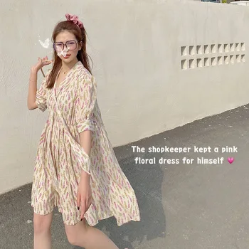 

2020 Floral Dress Loose Short-sleeved Elegant Little Lady Middle Dress