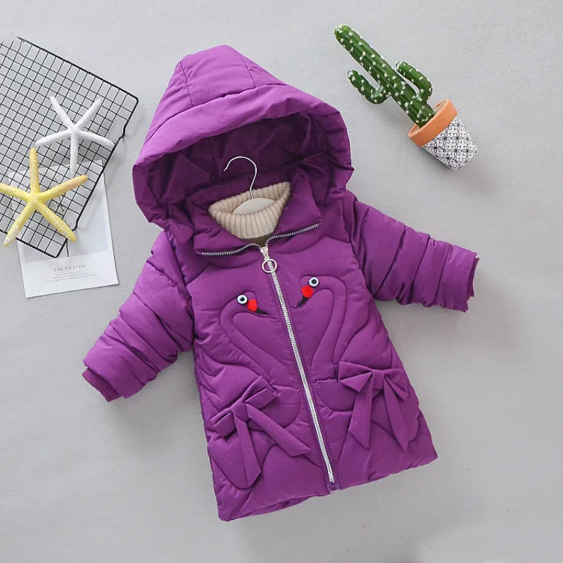 Зимняя куртка для маленьких девочек, пальто детские теплые куртки, парки детская плотная одежда верхняя одежда с рисунком гуся и бантом для России-20 градусов