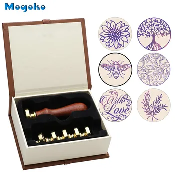 

Mogoko Wax Seal Stamp Set 6 Pcs Sealing Wax Stamps+1 Wooden Handle with Gift Box for Wedding Custom Invitations Letters Envelope