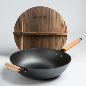 

30/32/34cm Cast Iron Pan with Cover Wood Handle Pig Iron Pot Iron Supplement Non Stick Sun Grain Wok Pan Uncoated Pure Iron Pot
