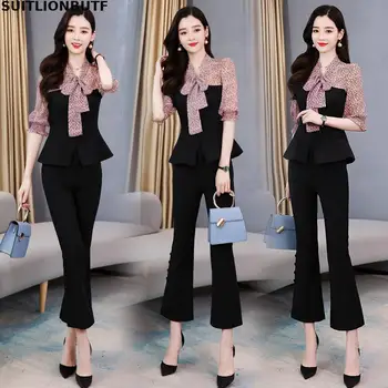 

Elegant Ladies 2020 Summer Two Piece Set Chiffon Patchwork Bow Tops Elastic Waist Button Flares Pants Ropa Mujer Korean Conjunto