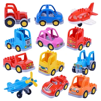 City Cartoon Car Trailer Truck Tractor Airplane Model Building Block Big Size City Educational Toys For Children Kids Xmas 1