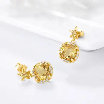 

Real S925 Sterling Silver Earrings Round Natural Stone Citrine14K Gold Diamond Stud Earrings Silver 925 Fine Jewelry For Women