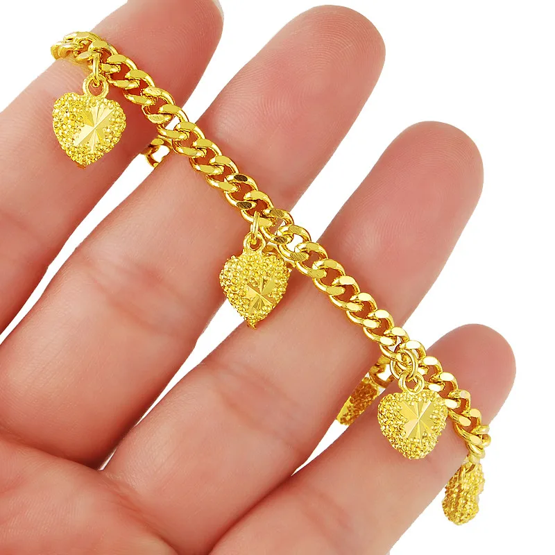 24k Gold Bracelet 4mm Heart-Shaped Pendant Plating Gold Fashion Bracelet Jewelry Gift