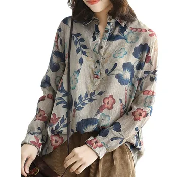 

2020 Fashion Korean Style Ladies Spring Thin Tops Blouses Women Flower Print Shirts Loose Casual Lapel Women Clothes SA730S30