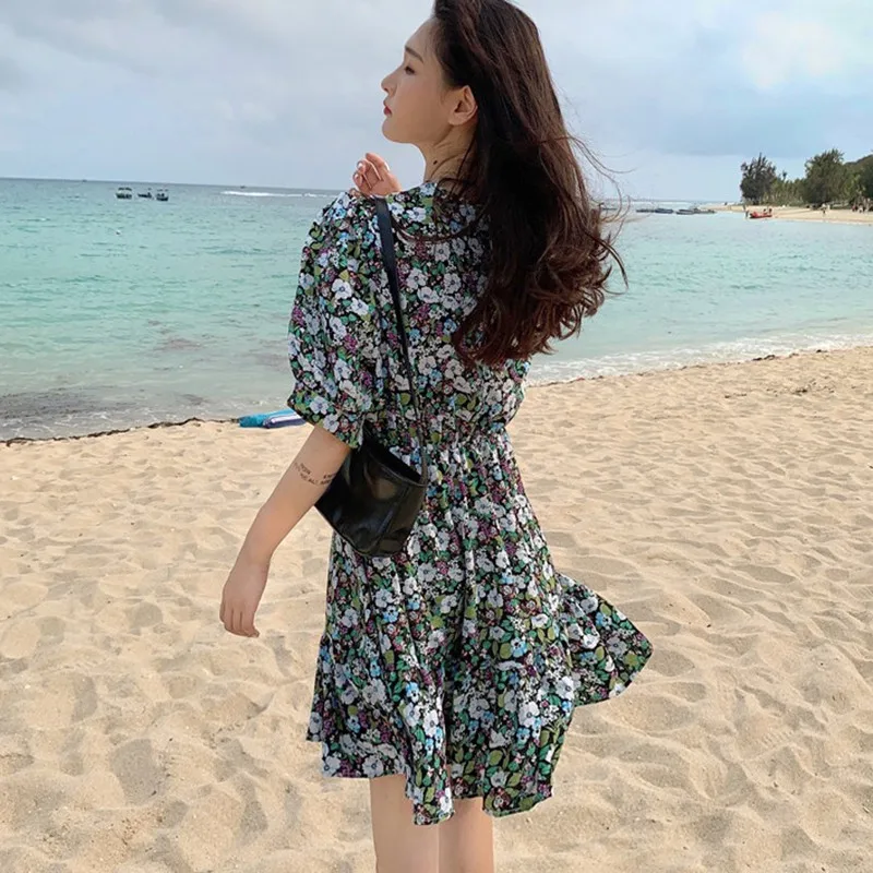 

Women Dresses Sexy Floral Print Boho Beach Dress O Neck Short Sleeve A Line Mini Dress Wrap Sundress Robe