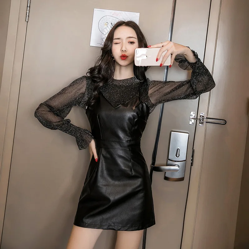 

2018 New Style Lantern Sleeve Transparent Tops + PU Leather Dress Two-Piece Set 9935gt461