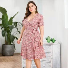 Дизайн; европейский и американский стиль; Новинка; стильное платье с перекрестным v-образным вырезом и короткими рукавами на шнуровке с высокой талией; модное платье с цветочным рисунком; большие размеры