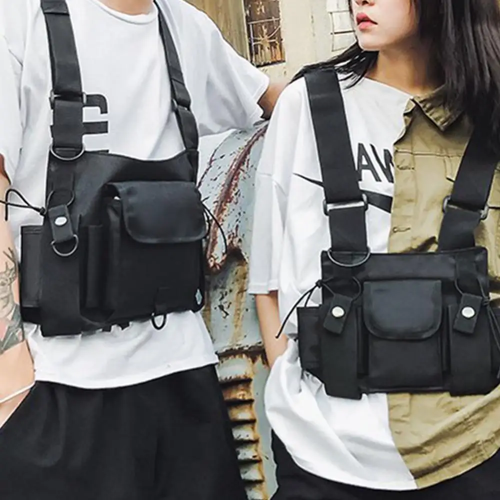 Fashion Men Chest Bag Multi Pockets Double Straps Nylon Chest Bag Vest Hip Hop Streetwear Pack