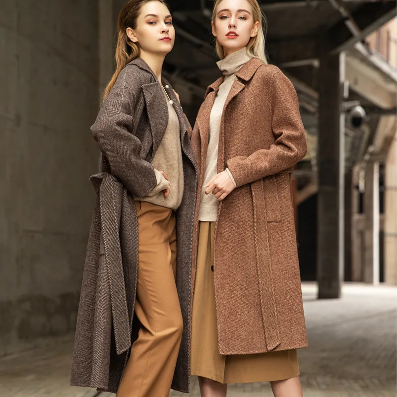 women's winter coats dark coffee Double-sided wool cashmere outwear autumn plus size ladies fashion overcoats long belt