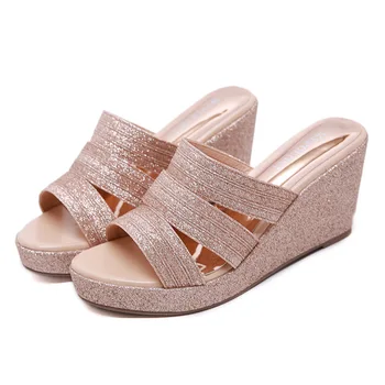 

Fashion Solid Thick Bottom Wedge slippers Sandals Platform High Heels Women Slipper Outside Shoes glisten Open-toed Roman shoes